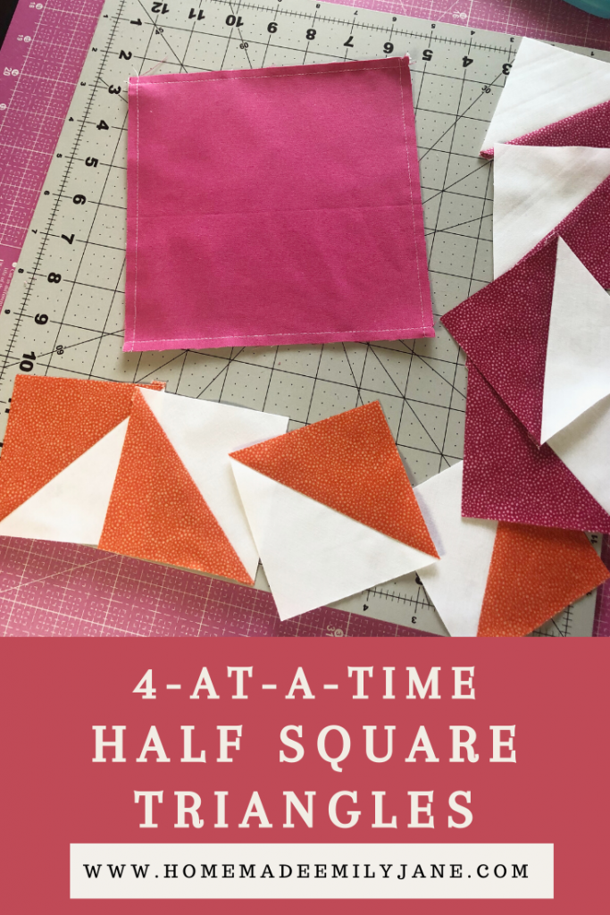 Half Square Triangle Quilt Blocks, learn how to make a quilt block, 4 at a time HSTs, quilt blocks, beginner quilting, learn to quilt, modern quilting, modern quilt pattern, triangular quilt pattern, rotary cutter, quilting rulers, trimming half square triangles, homemade emily jane, homemadeemilyjane