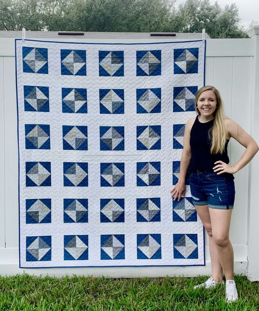 throw size solitaire quilt navy and white, try making this quick and easy quilt pattern featuring classic half square triangle quilt blocks