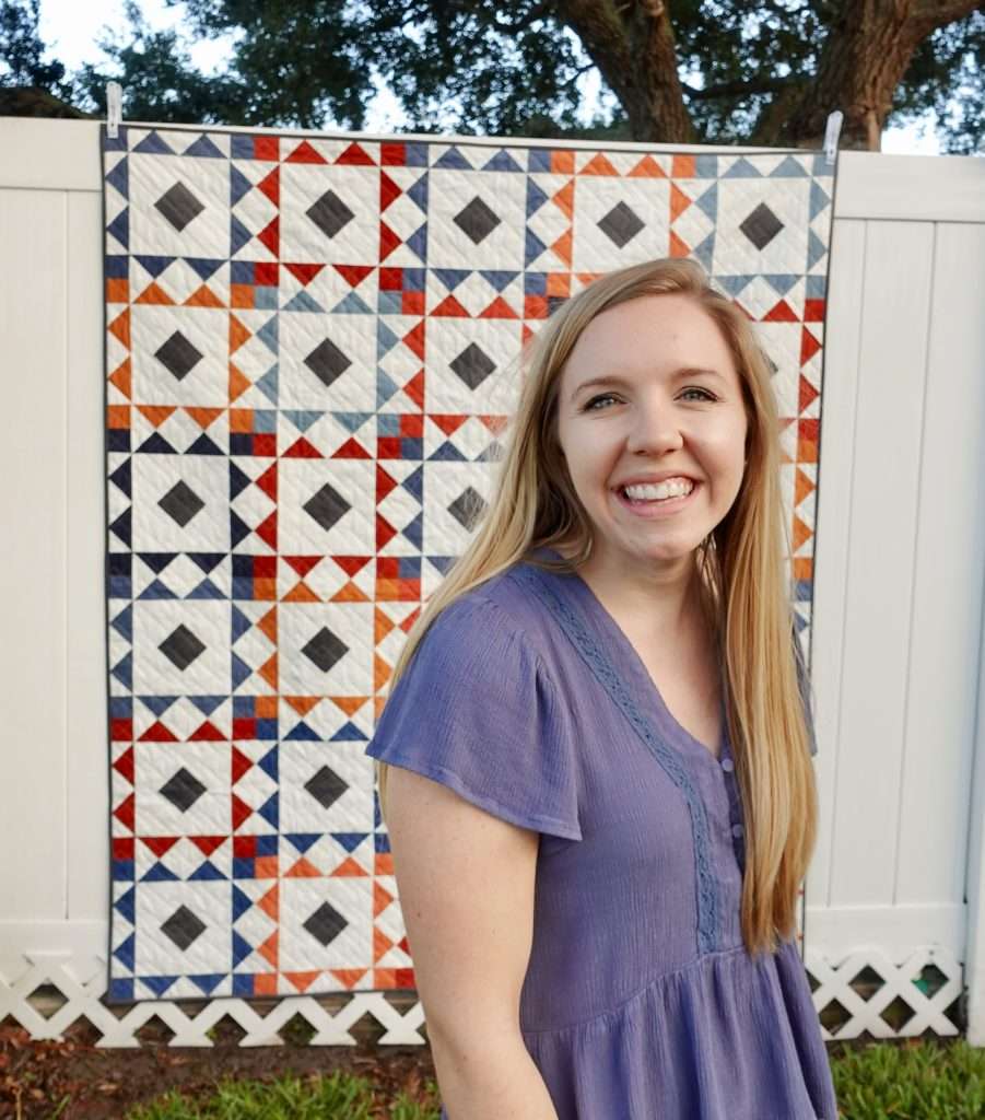Homemade Emily Jane's Reverberate quilt pattern is great for fat quarters, and features flying geese quilt blocks. Grab the quilt pattern today to make it in one of 6 different sizes!
