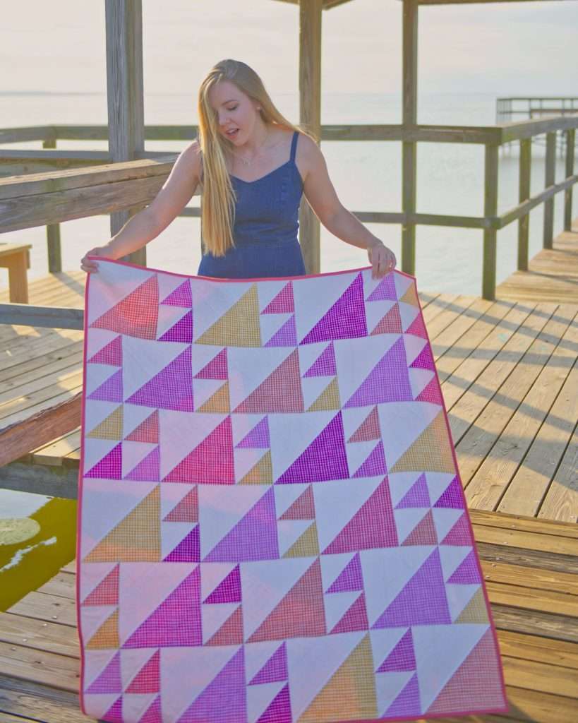 baby girl half square triangle quilt made with Gingham Play by Michael Miller fabrics