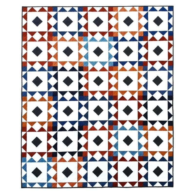 modern quilt pattern, reverberate quilt pattern, navy and orange quilt, quilting fabrics, solid quilt, flying geese quilt, square on point quilt block, quilting, modern quilt pattern